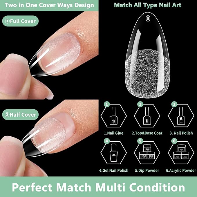 Medium Almond Nail Tips, 216pcs Acrylic Fake Nails Gel Nail Tips Soft, Full Cover Pre-Shaped Matte Clear Press on Nails for Extension, Diy at Home Manicure 12 Sizes