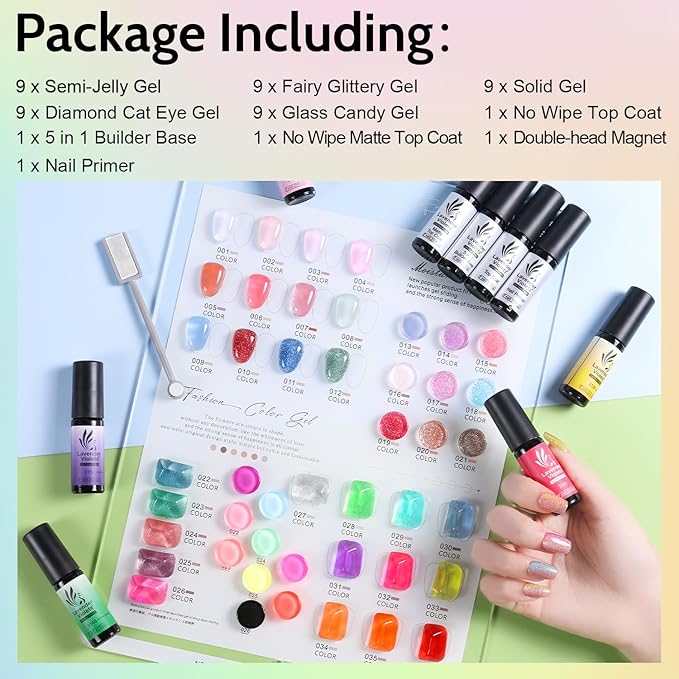 Lavender Violets 49 PCS Gel Nail Polish Set, 45 Colors Cat Eye Reflective Glitter Gel Polish with Nail Primer, Base Coat, Glossy & Matte Top Coat Jelly Nude Red Brown Gifts for Women