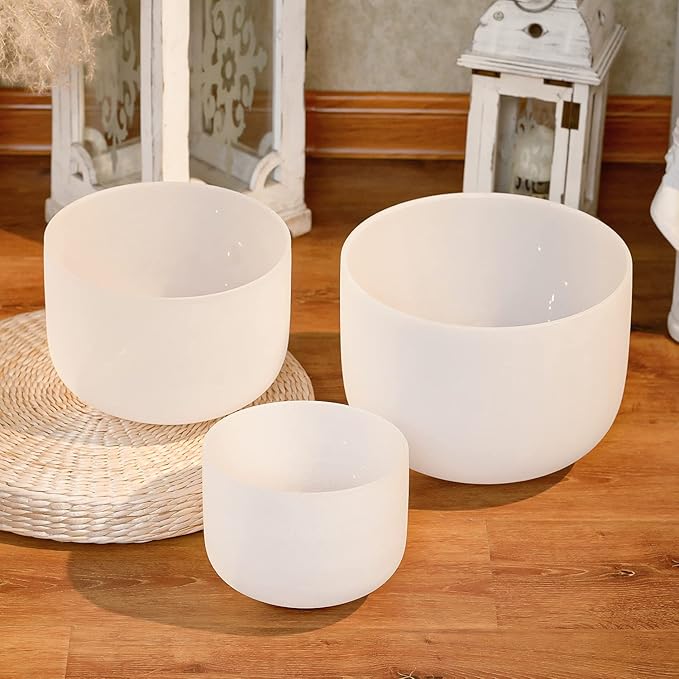 Hye-eun 3pcs Frosted Quartz Crystal Singing Bowls 8-12 Inch E,A,C Note Chakra Sound Bowl 432hz With Carrying Case,for Yoga,Meditation and Sound Healing
