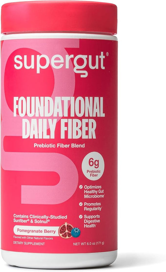 Supergut Foundational Daily Fiber Powder, Sugar Free & Vegan Prebiotic Fiber Blend for Gut Health & Digestive Support, Supplement for Men & Women with Solnul & Sunfiber, Pomegranate Berry, 18 Servings