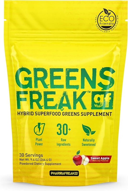 Pharmafreak Greens Freak – Superfood Greens Powder with Spirulina, Chlorella & 30+ Raw Ingredients – Sweet Apple Flavor – Detox, Immunity & Digestion Support – 30 Servings – Eco-Friendly Pouch