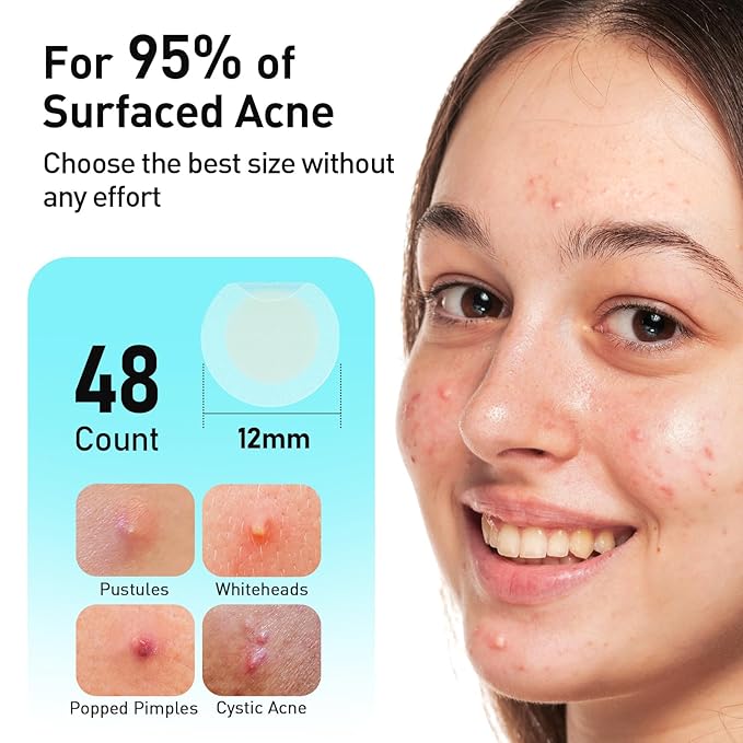 TKTK Pimple Patches, 12 mm Invisible Acne Patches for Face with Salicylic Acid, 0.01cm Extra Thin Outer Edge, Hydrocolloid Zit Patch for Pustule, Whitehead, Cystic Acne Spot, 48 Count
