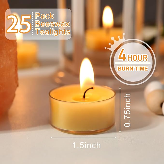 Beeswax Tealight Candles, Natural Beeswax Candles Bulk (4-5 Hour Burn), Handmade Organic Tea Lights, Honey Aroma Pure Beeswax Tea Candle, 25 Packs