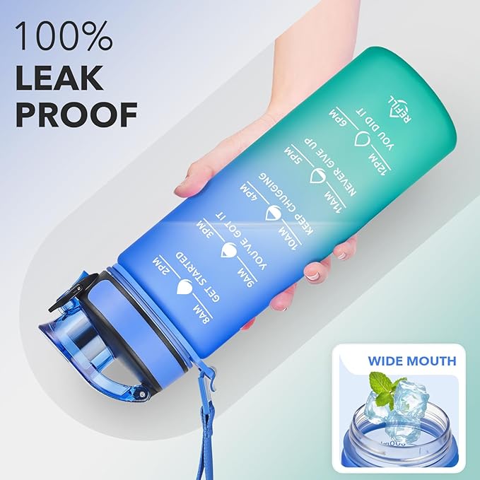 Enerbone Water Bottle, Leakproof BPA & Toxic Free, Motivational Water Bottle with Times to Drink and Straw, Fitness Sports Water Bottle with Strap for Office, Gym, Outdoor Sports