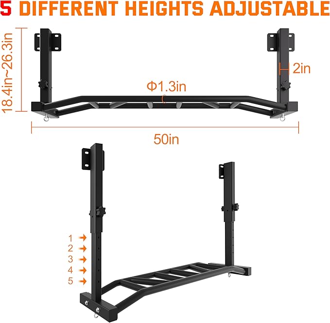 48" Joist Mounted Pull Up Bar, Multi-Grip Ceiling Mount Chin Up Bar for Garage, Basement, Beam, Rafter, Truss Easy installation, Heavy Duty, Adjustable Height, Cross Training Strength Building