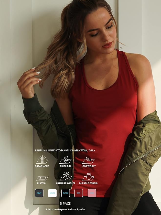 6 or 5 Pack Workout Tank Tops for Women, Athletic Racerback Sports Tank Tops, Compression Sleeveless Dry Fit Shirts