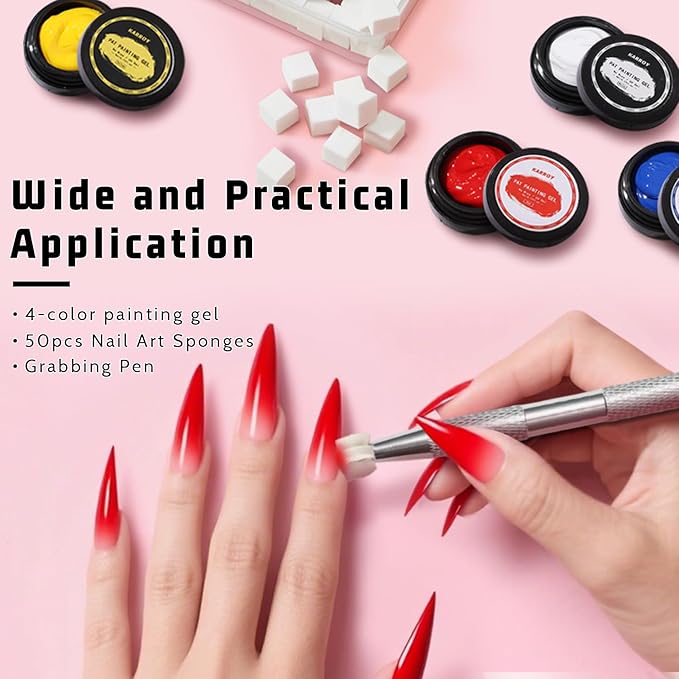 Sponge Pat Gel Nail Polish Set, Blue Red Yellow 3 Colors Primary Blending Ombre Gel Polish Gradient Painting Nails Art, No Wipe, UV/LED Cured (50Sponges & Grabber & 3PrimaryColors)