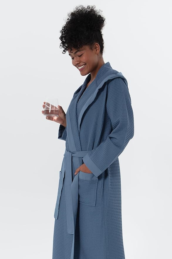 SEYANTE Women’s Luxury Waffle Shawl Collar, Hooded Robe w Piping – Lightweight, Long, Ultra Soft Spa Sleepwear Bathrobe