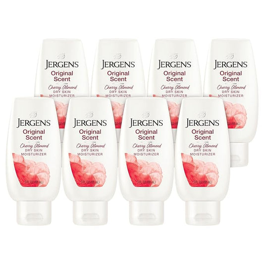 Jergens Original Scent Dry Skin Body Lotion, Hand and Body Moisturizer, Cherry Almond Essence, Dermatologist Tested, 3 Oz, Pack of 8