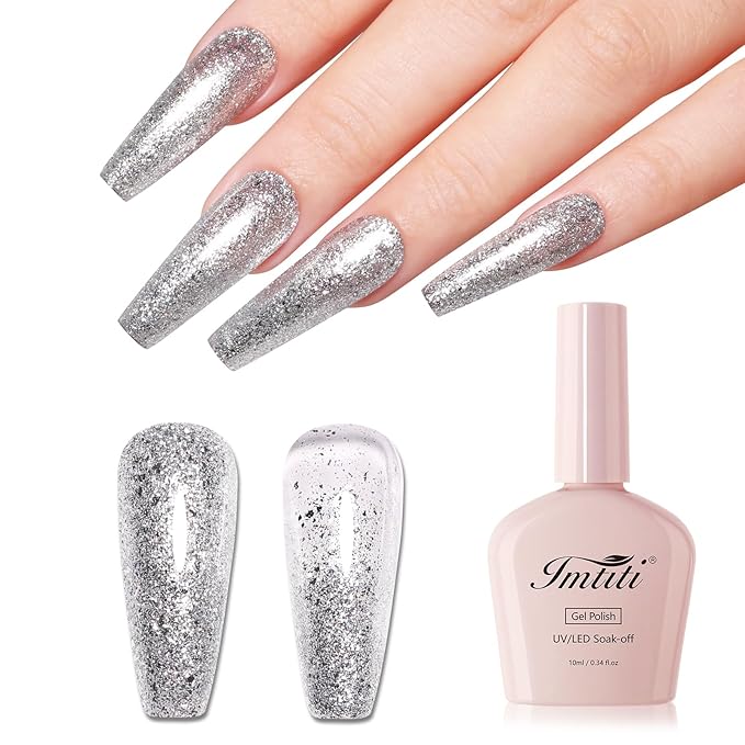 Imtiti 10ml Silver Glitter Gel Nail Polish Long Lasting Soak Off UV Led Christmas Silver Gel Polish Salon DIY at Home Gift for Women 1Pcs