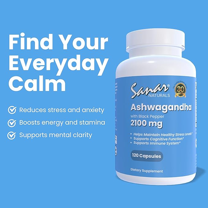 Sanar Naturals Ashwagandha 2,100 mg - Stress & Mood Support Supplement - Promotes Focus and Sustained Energy, Ashwaghanda Powder and Root Extract Blend with Black Pepper - Non-GMO, 120 Capsules