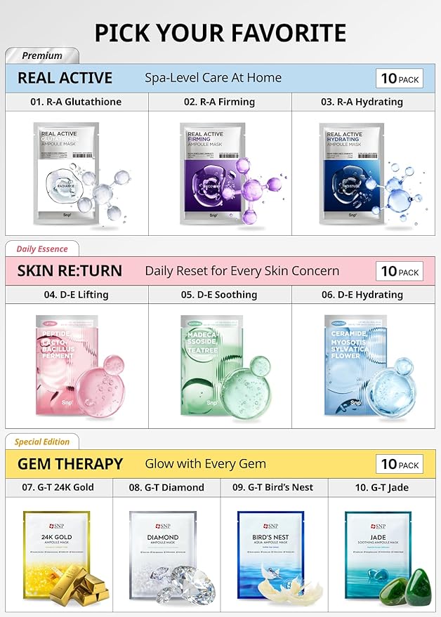 SNP Real Active Glutathione Ampoule Sheet Mask | Vegan Face Mask with Glutathione & Niacinamide | Revitalizing and Balancing for All Skin Types | Korean Face Masks Skincare | 10 Sheets