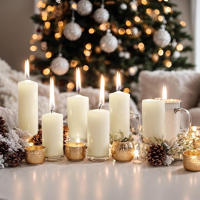 MTLEE Set of 72 Ivory Pillar Candles 2 x 3, 2 x 6, 2 x 8 Inch Smokeless and Dripless Unscented Large Candles Long Clean Burning Rustic Pillar Candle for Wedding Dinner Home Decor