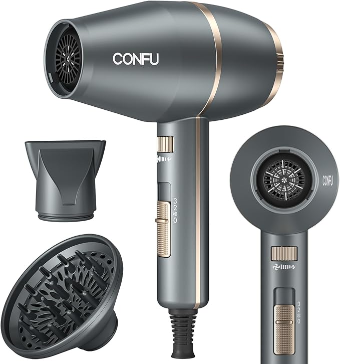 CONFU Hair Dryer, Hair Dryer with Diffuser 1875W, Negative Ionic Blow Dryer for Women & Men, Small Blow Dryer for HOM