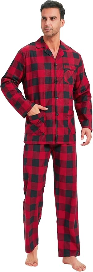 GLOBAL Men's Pajamas Sets 100% Cotton Flannel Sleepwear Long-Sleeve top & Bottom