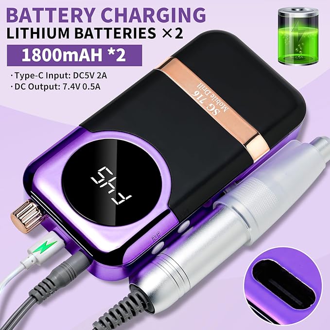 LIMEGIRL Professional Electric Nail Drill Kit 45000RPM Portable Cordless Toenail Cordless Toenail Machine with 14 Drill Bits and Base for Women (Purple)