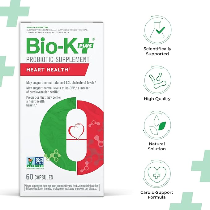 Bio K+ Heart Health Probiotic with Limosilactobacillus reuteri LRC – 5 Billion CFU – Cholesterol & Cardiovascular Support – Vegan, Shelf-Stable, Non-GMO – Probiotics for Men & Women – 60 Capsules