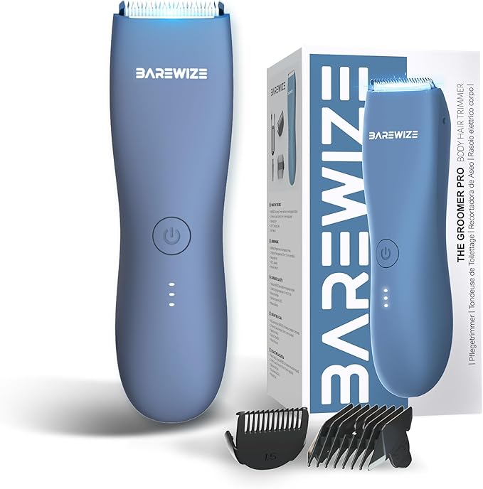 Body Hair & Pubic Hair Trimmer for Men & Women, Painless Electric Body & Bikini Shaver | Waterproof, Type-C Rechargeable, LED Light, Replaceable Blade, Manscape Personal Groomer (Azure)