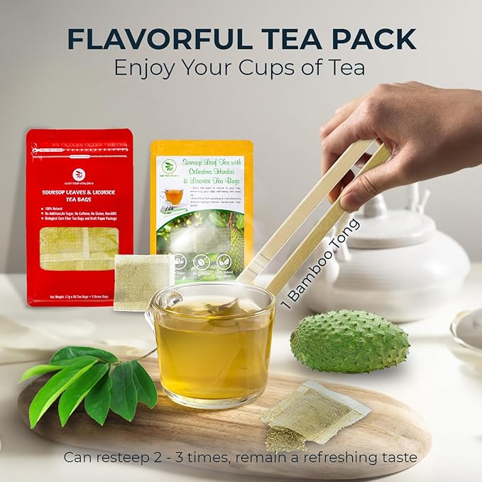 Graviola Soursop Leaf Tea Samplers with Celastrus Hindsii & Licorice - 10 Count + Bamboo Tong, Corn Based Tea Bags, Natural Herbal Tea for Comfort Relax, Re-Steep Hoja De Guanabana