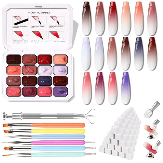 Sponges Pat Gel Nail Polish Palette, 16 Colors Blending Ombre Gel Polish Set Patting Gradient Painting Nails Art, No Wipe, UV/LED Cured, 100Sponges 6Brushes 1Grabber Tools Kit (Set 06)