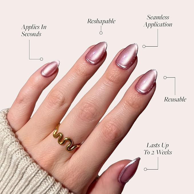 Glamnetic Press On Nails - Mertini | Short Almond Pink Cat Eye Fake Nails with Raised Gold Foil Accents, Salon Quality Summer Nails | 15 Sizes - 30 Nail Kit with Glue