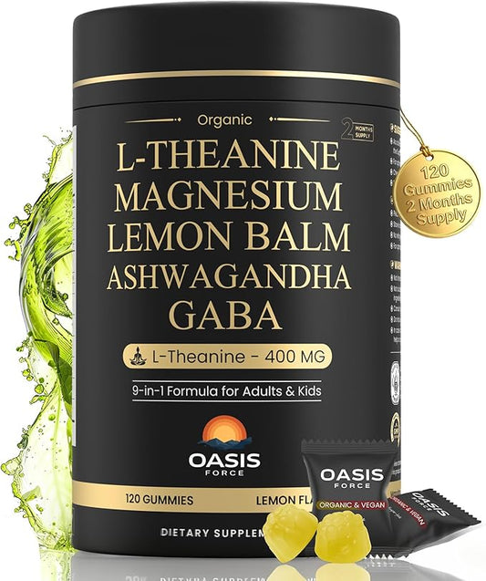 L-Theanine 400mg Gummies, L Theanine Supplement for Kids & Adults with Magnesium Glycinate, GABA, Ashwagandha, L'theanine Chewable for Restful Sleep, Stress Support, Relaxation, Calm, 60 Day Supply