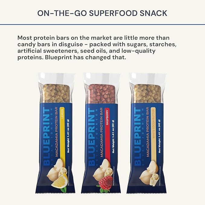 Blueprint by Bryan Johnson Macadamia Nut Protein Bars – 9G Plant Protein – Vegan, Low Carb, Low Sugar, Keto-Friendly Snacks - Non-GMO, Raw Nut Bar, Natural Ingredients (White Cocoa - 12 Pack)