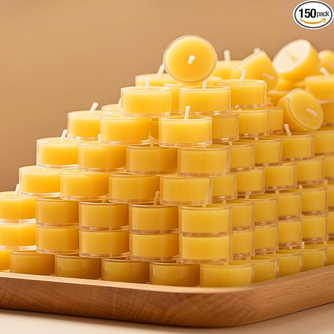 150Pcs Beeswax Tealight Candles, 100% Pure Beeswax Tea Candles | 4-Hour Extended Burn Time | Natural Bees Wax Tea Light Candle in Clear Cup, Perfect for Home Deco,Air Purification