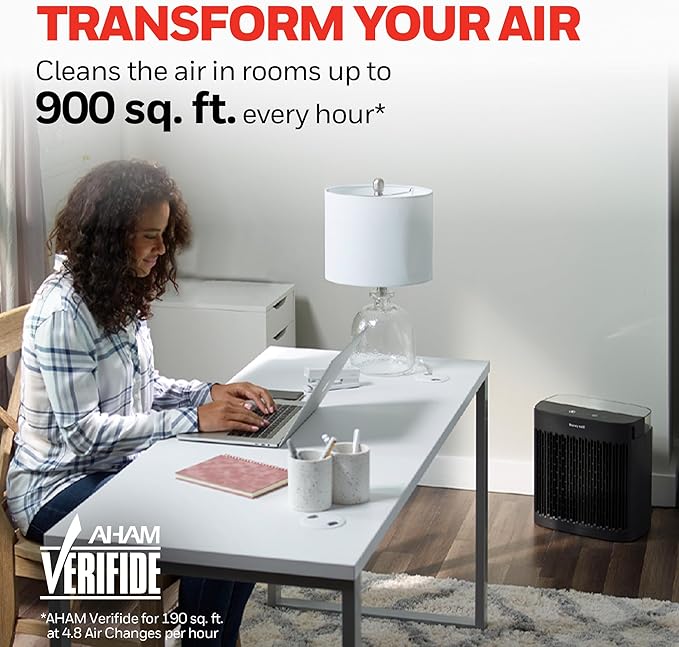 Honeywell Allergen Plus HEPA Air Purifier for Home, Large Rooms up to 900 Ft², Turbo Clean, HEPA Filter Reduces Allergens, Dust, Pollen, Pet Dander, All Smoke Types, Odors, Black, HPA5100B