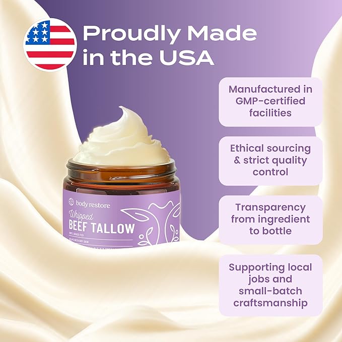 Body Restore Grass Fed Whipped Beef Tallow for Dry Skin, Face - Manuka Honey, Jojoba Oil, Christmas Stocking Stuffers, White Elephant, Birthday Gifts for Women, Men, Travel Essentials - Lavender
