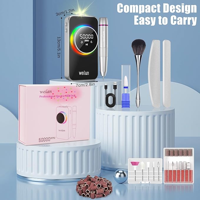 Electric Nail Drill Professional 50000RPM, 2025 Pro Fast Removal Electric Nail File for Acrylic Gel Nails, 6000mAh Rechargeable Nail Drill Machine, Efile Kit with 12pcs Bits for Manicure Salon Home