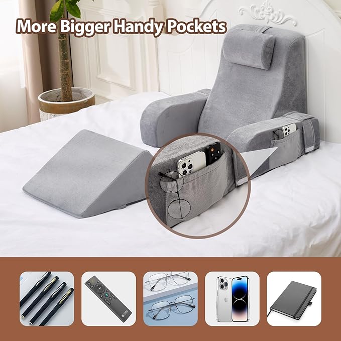 Reading Pillow for Sitting in Bed Adult, Back Pillow for Sitting Up in Bed with Arm Rest and Knee Rest, Suitable for Gaming,Watching TV on Floor, 19in 5Pcs, Grey