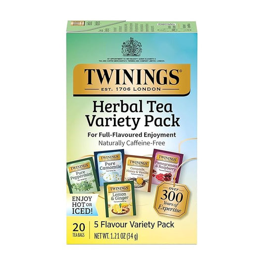 Twinings Herbal Tea Variety Pack, 20 Count (Pack of 1), Formerly Assorted Herbal, Includes 5 Flavours, Naturally Caffeine-Free, Enjoy Hot or Iced, 20 Teabags