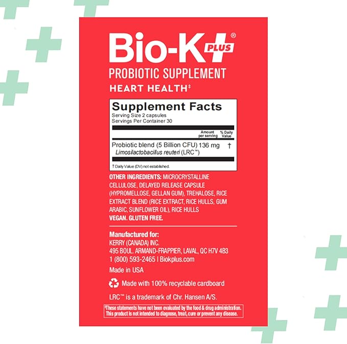 Bio K+ Heart Health Probiotic with Limosilactobacillus reuteri LRC – 5 Billion CFU – Cholesterol & Cardiovascular Support – Vegan, Shelf-Stable, Non-GMO – Probiotics for Men & Women – 60 Capsules