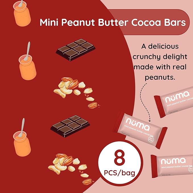 Numa Mini Peanut Butter Cocoa Bars - Vegan, Low Sugar, High Protein, Natural, Gluten Free - Crunchy Plant Based PB Snacks - 3 Bags with 8 Individually Wrapped Chocolate Protein Bars