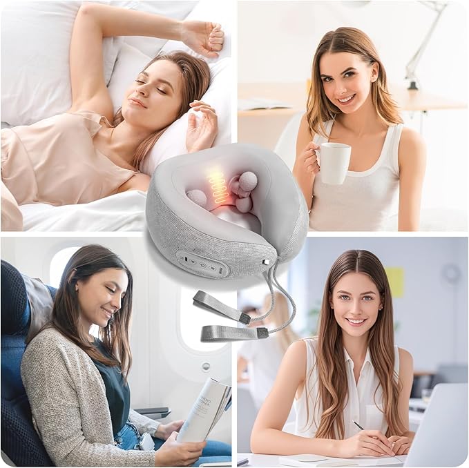 Neck Pillow Airplane with Heat and kneading, Neck Massager for Pain Relief deep Tissue, Neck Support Pillow for Sleeping Traveling Office & Home, Thoughtful Gifts for Women and Men (Gray)