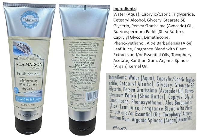 A LA MAISON De Provence Hand and Body Lotion | Natural Moisturizing Lotion with Argan Oil and Shea Butter | Moisturizer for Dry Skin | Paraben and Phthalates Free | Fresh Sea Salt Scent 8 Oz (2 Pack)