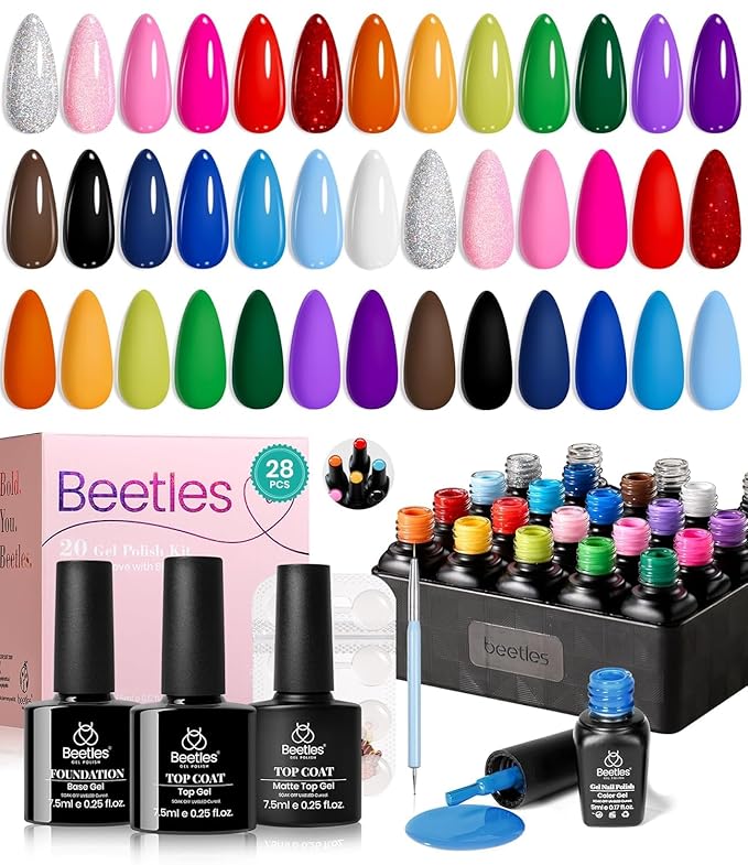 beetles Gel Polish Set, 20 Color Pink Yellow Green Red Blue Gel Nail Polish Blokecore Collection with Sports Nail Charms Base Top Coat and Double-ended Brush DIY Home Rainbow Nails