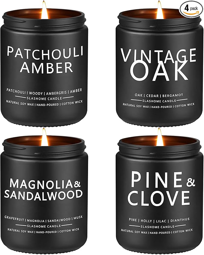 Candles for Men, 4 Pack Scented Candles, Gifts for Father Dad Day, 50 Hours Long Burning Soy Candles for Home Scented (Pine/Sandalwood/Patchouli/Oak)