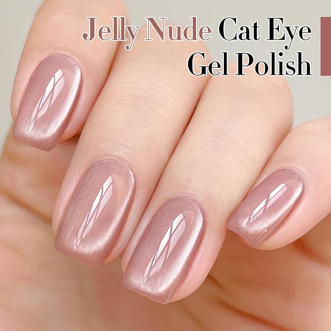 Double Rhythm Jelly Glass Cat Eye Gel Polish with Magnet 15ML Holographic Glitter Shimmer Translucent Sheer Color Magnetic Nail Polish Salon DIY at Home (Jelly Nude-MC1103)