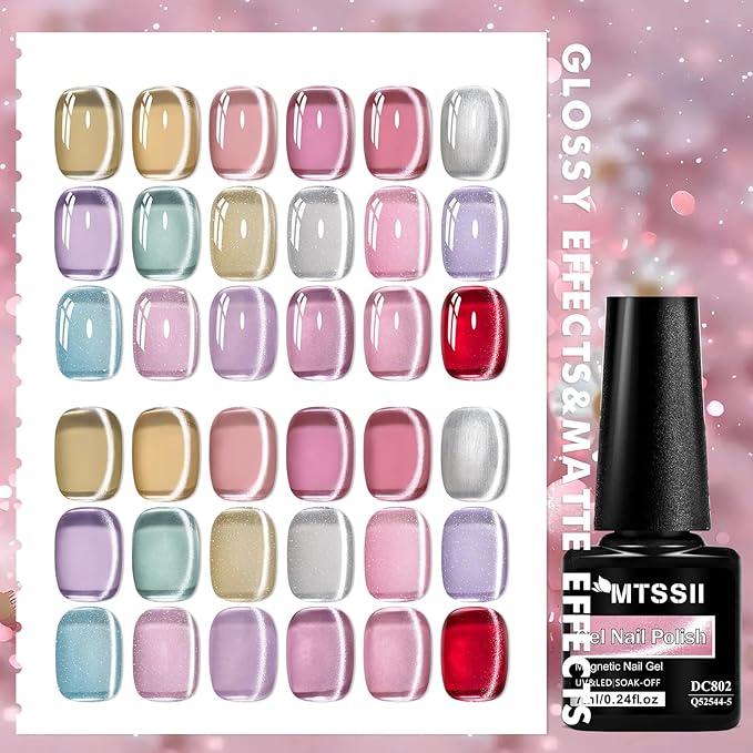 MTSSII 18PCS Cat Eye Gel Nail Polish Set with Magnet, Sea Spirit Magic Cateye Gel Polish Pink Green Blue Yellow Glitter Shinny Magnetic Nail Polish Soak Off LED Manicure Nail Art