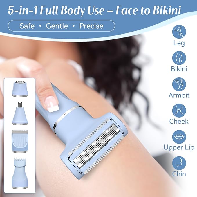 5-in-1 Bikini Trimmer for Women, IPX7 Waterproof Electric Razors Shaver, Cordless Body Hair Trimmer, Facial & Pubic Hair Removal, Ceramic Blade (Sky Blue)