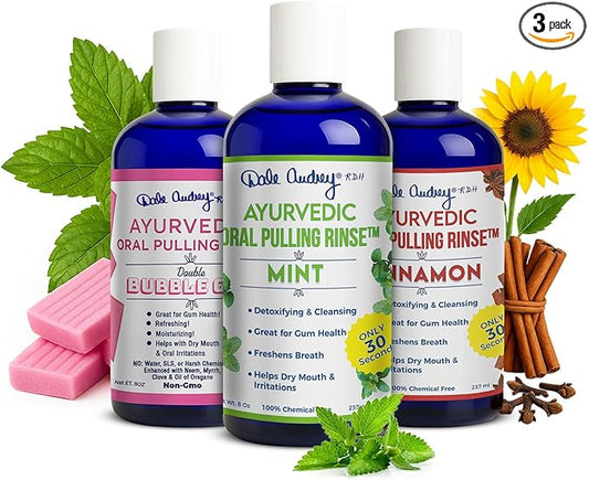 Dale Audrey Ayurvedic Organic Oil Pulling for Teeth and Gums | Oral Rinse Alcohol Free Mouthwash Essential Oils for Bad Breath | Healthy Gums Teeth & Fresh Breath (8 Fl Oz (Pack of 3), Variety Pack)