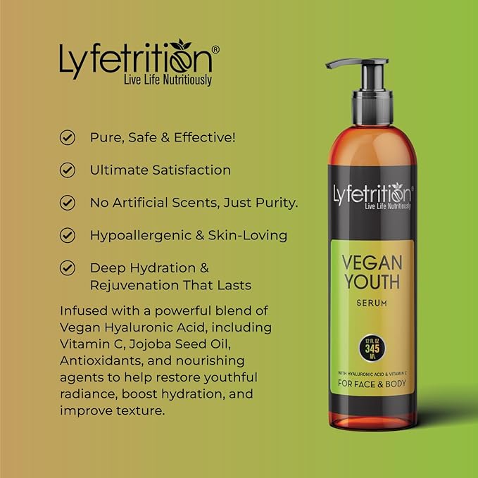 Lyfetrition Vegan Youth | 12 Fl oz Large Bottle | Anti-Aging And Wrinkle Serum | (Skin and Face Formula).