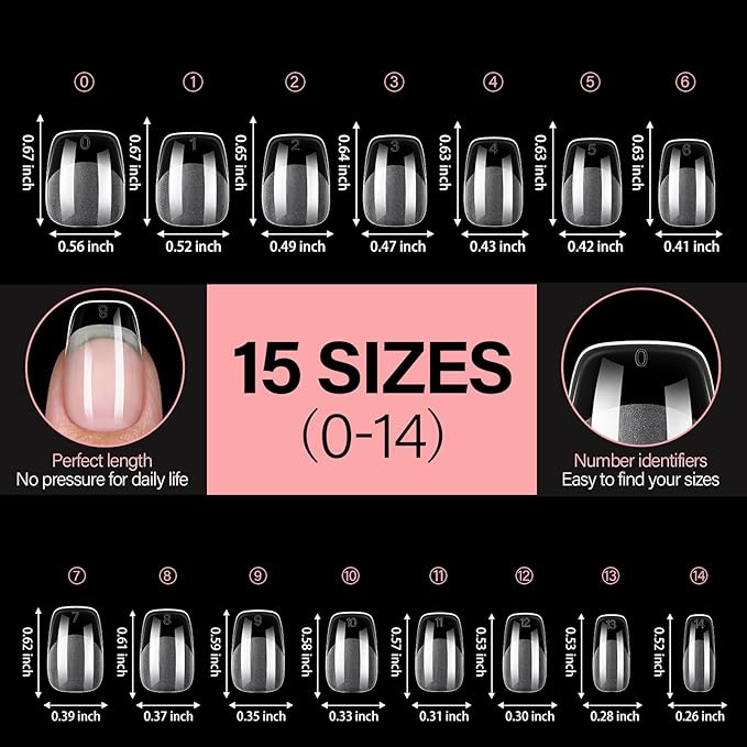 AILLSA Short Square Round Fake Nail Tips 240Pcs Soft Nail Gel Tips Pre-Shaped Acrylic Nail Tips, Half Matte Full Cover Press on False Tips for Nail Extension Home DIY 15 Sizes Gelly Tips
