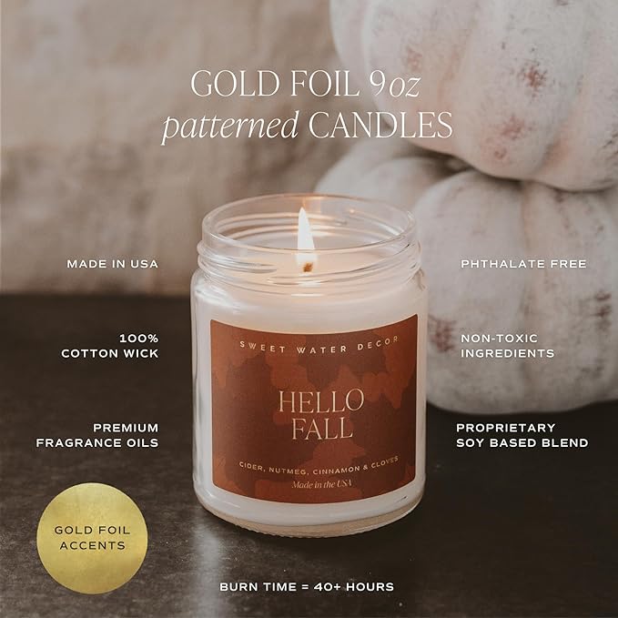 Sweet Water Decor Hello Fall Candle - Cinnamon Apples Cloves & Nutmeg Fall Scented Candle for Home Decor - 100% Cotton Wick Halloween Candle with 40 Hour Burn Time - Made in The USA - 9oz Clear Jar