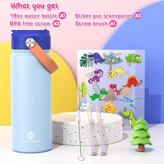 GoKEDA 18oz Kids Water Bottle, Insulated Water Bottles with Stickers, 18/8 Stainless Steel Vacuum Leak Proof Straw Cup for School, Gifts for Boys(Light Blue)
