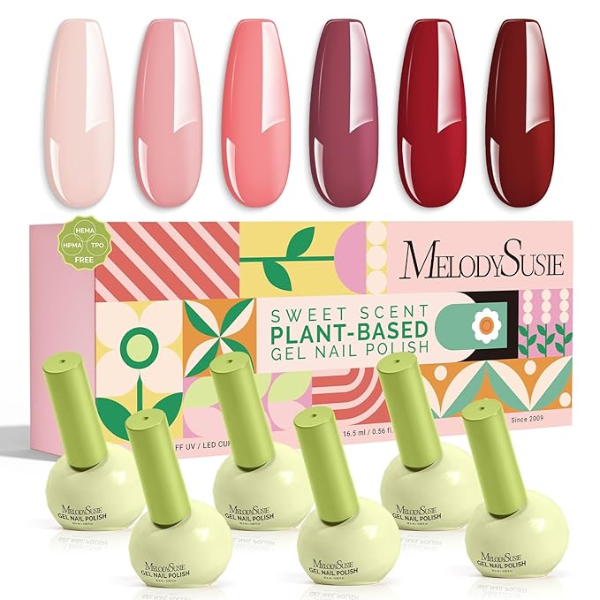 MelodySusie Highly Pigmented New Year Valentine Gel Nail Polish Set, 0.56 fl.oz Tilt-and-Stand Bottle,HEMA Free Plant-Based,6 Colors Crimberry Spark,Soak Off Manicure Gift Box,Cherry Burgundy Red