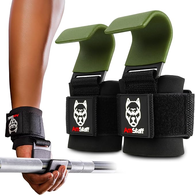 AmStaff Fitness Weight Lifting Hooks (Pair) - Gym Wrist Straps with Steel Hooks for Weightlifting, Pull-Ups, Deadlifts, Strength Training, and Fitness Workouts - Adjustable Neoprene Wrist Support