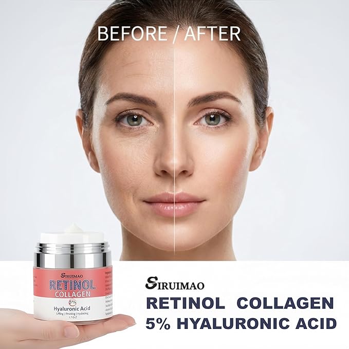 Retinol, Collagen & Hyaluronic Acid Cream, Anti-Wrinkle Face Moisturizer for Day & Night Use | Firming Neck & Décolleté Treatment 1.7 fl oz